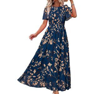 Women's Navy Blue 2 Chiffon Flowy Flutter Short Sleeve Crew Neck Summer Maxi